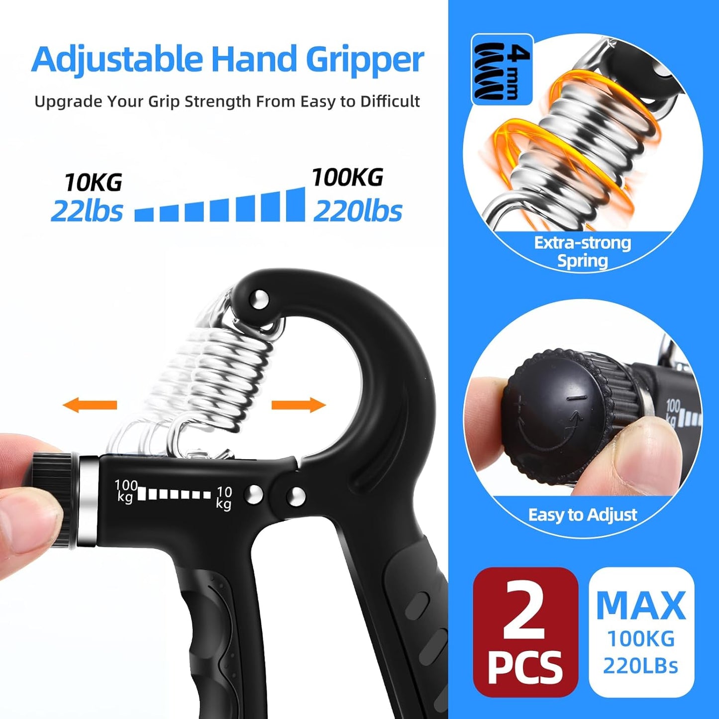 Adjustable Grip Strength Trainer Set (2PCS) - 22-220Lbs (10-100Kg) Resistance, Hand Gripper for Forearm Strengthening and Finger Exercise, Ideal for Muscle Development and Injury Rehabilitation