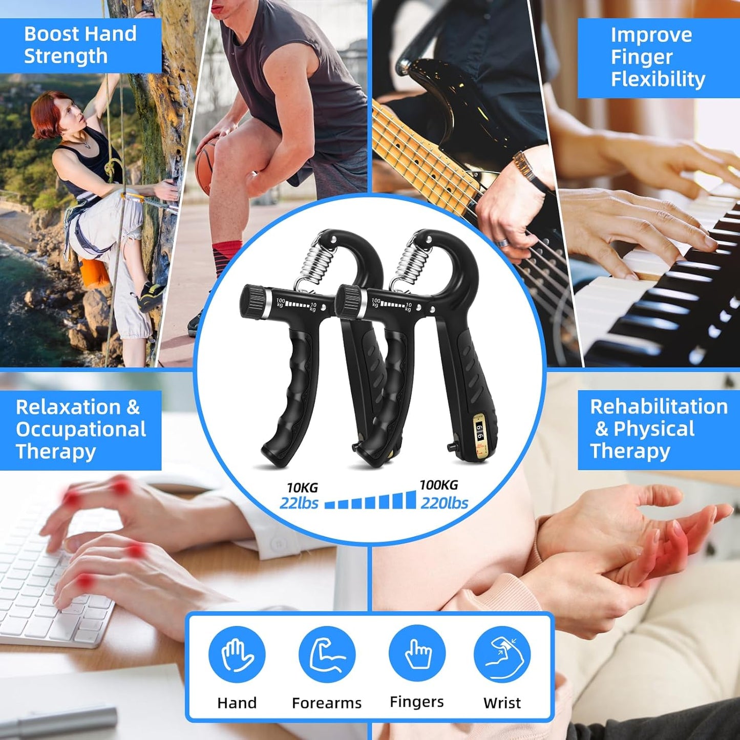 Adjustable Grip Strength Trainer Set (2PCS) - 22-220Lbs (10-100Kg) Resistance, Hand Gripper for Forearm Strengthening and Finger Exercise, Ideal for Muscle Development and Injury Rehabilitation