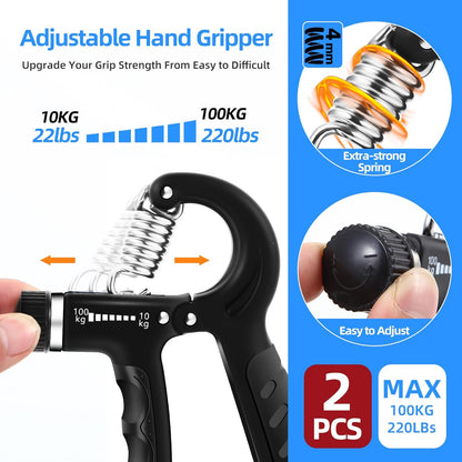 Adjustable Grip Strength Trainer Set (2PCS) - 22-220Lbs (10-100Kg) Resistance, Hand Gripper for Forearm Strengthening and Finger Exercise, Ideal for Muscle Development and Injury Rehabilitation
